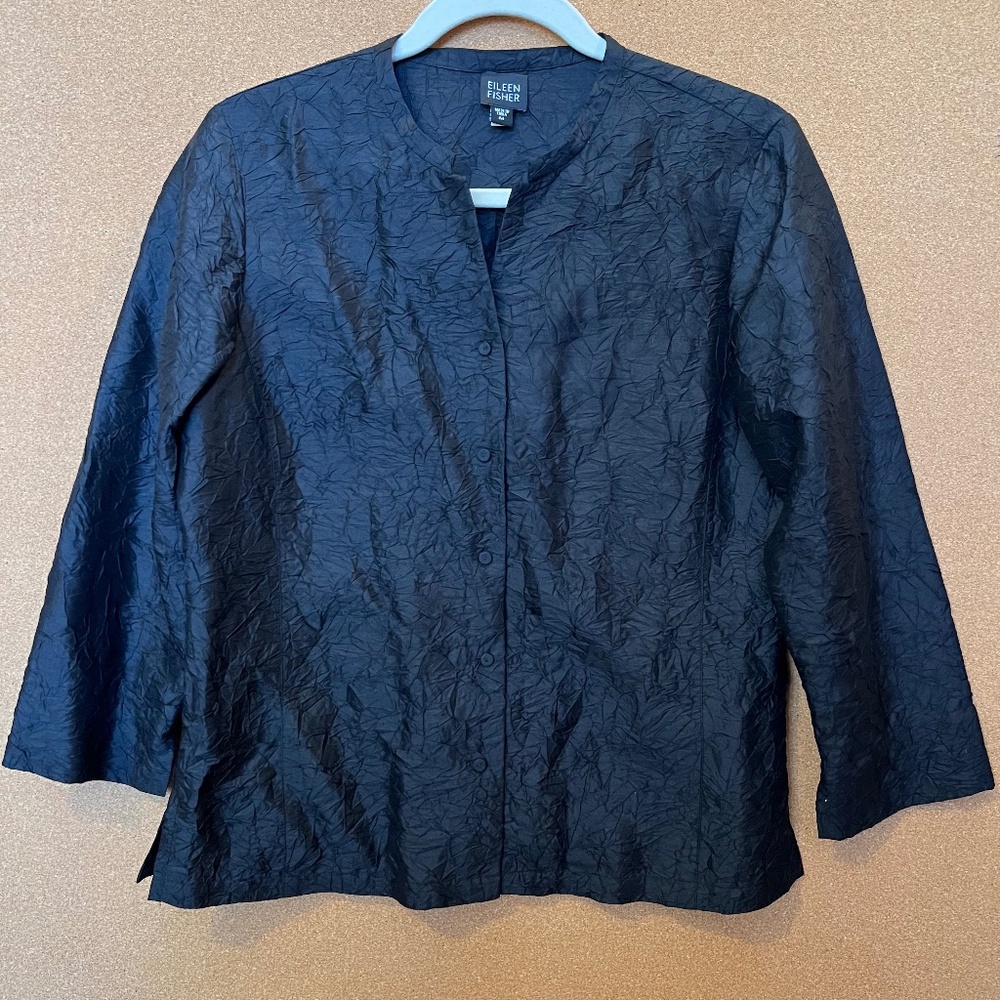 100% Silk Eileen Fisher Black Button-Up Top / Jacket Size Medium